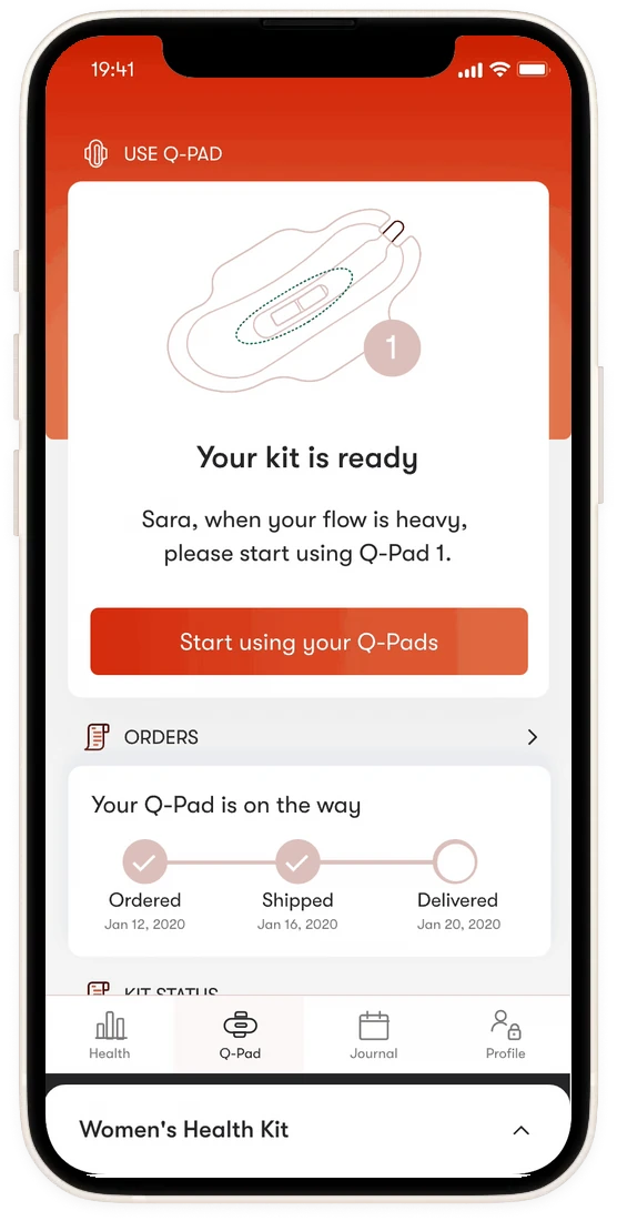 Qvin app showing a kit ready for use, with its order tracking