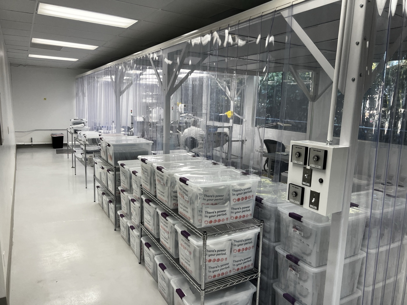 Racks of finished kits inside the Qvin cleanroom