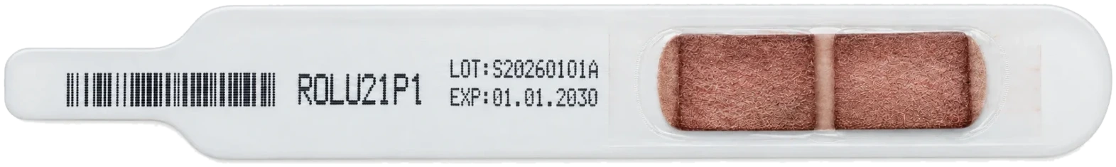 A Q-Strip with its barcode, lot number and two dried menstrual samples