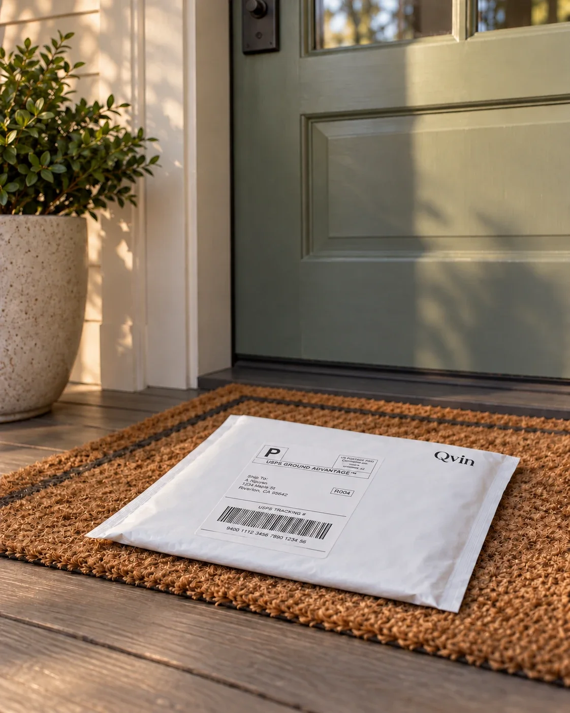 A white Qvin mailer delivered to a doormat