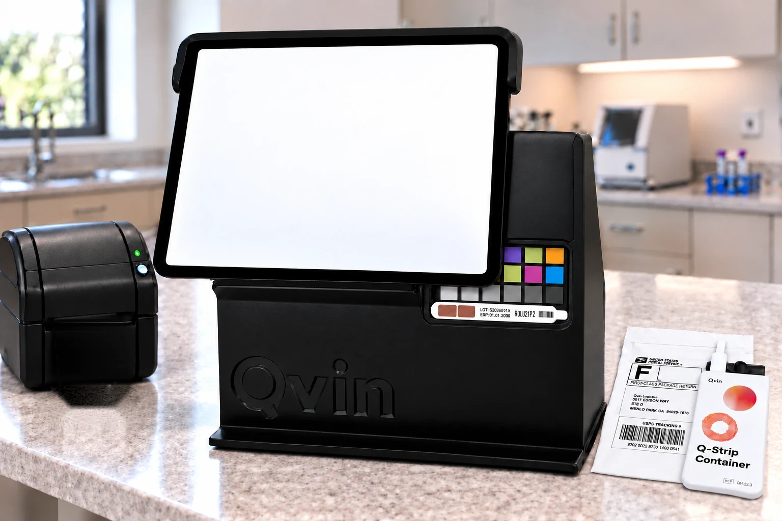 The Qvin photo station on a lab bench: an iPad clipped onto the Qvin stand above a Q-Strip and a color chart, a label printer beside it and a returned Q-Strip Container